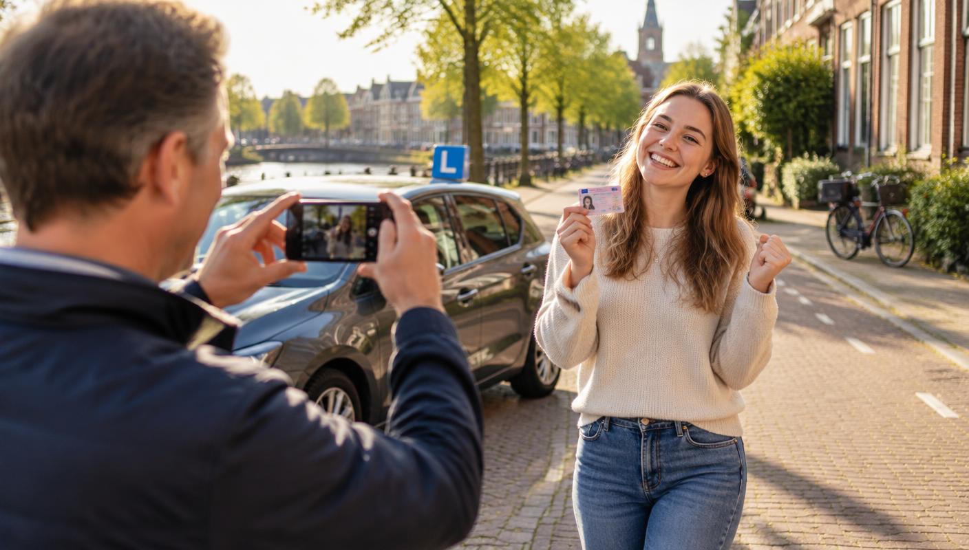 Rijinstructeur fotografeert met zijn telefoon een geslaagde leerling met haar rijbewijs
